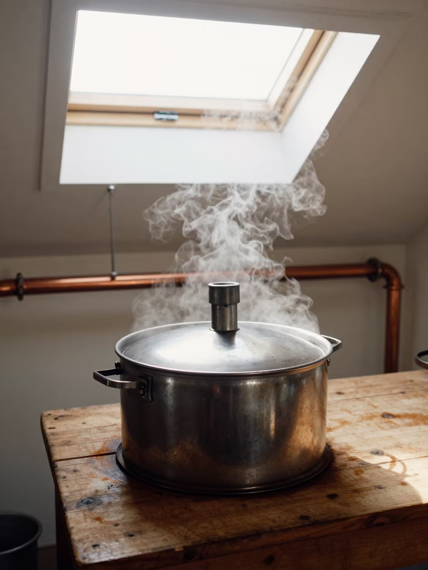 Steaming Maple Syrup Evaporator on Wooden Bench in on a wooden workbench near Tegucigalpa