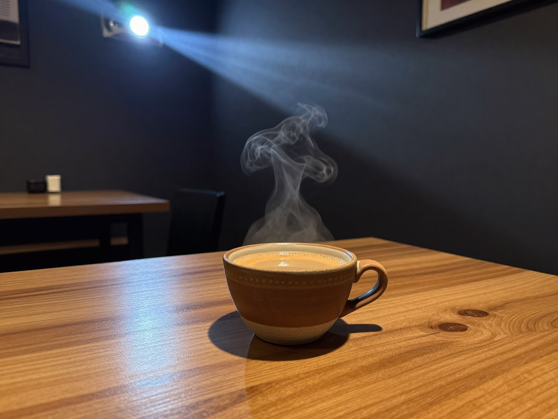 Steaming Masala Chai Cup on Cafe Table in on a small cafe table by a window in Konya
