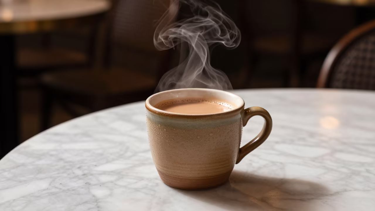 Steaming Masala Chai on Marble Table in on a marble cafe table in Dalian