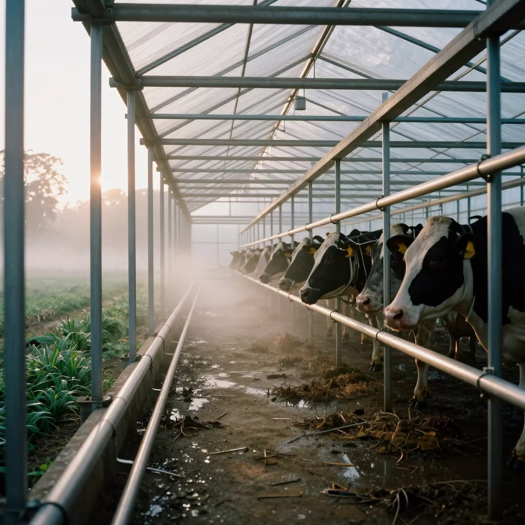 Steaming Milking Lane at Dawn in Meghalaya in under translucent greenhouse roofing in Meghalaya