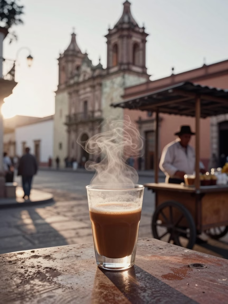 Steaming Mineral-Ringed Coffee Glass in Oaxaca Dawn Light in in Oaxaca, Mexico