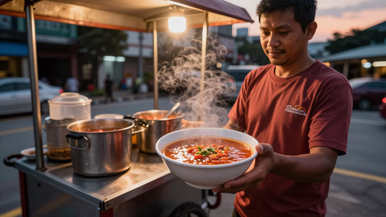 Steaming Minestrone in Kuala Lumpur at Copper-toned Light Before Dusk in in Kuala Lumpur, Malaysia