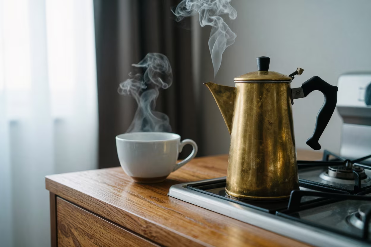 Steaming Moka Pot on Iloilo Hotel Dresser in on a hotel dresser in Iloilo