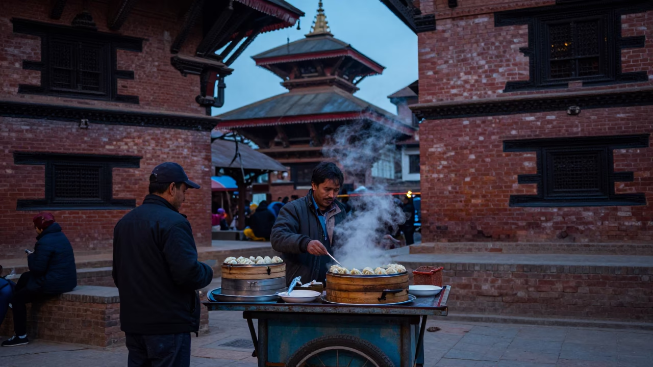 Steaming Momos at The Last Blue Light Of Evening in Kathmandu in in Kathmandu, Nepal