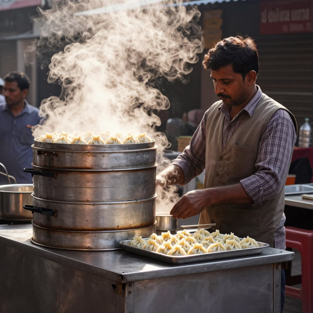 Steaming Momos in Delhi at Clear Late-afternoon Light in in Delhi, India