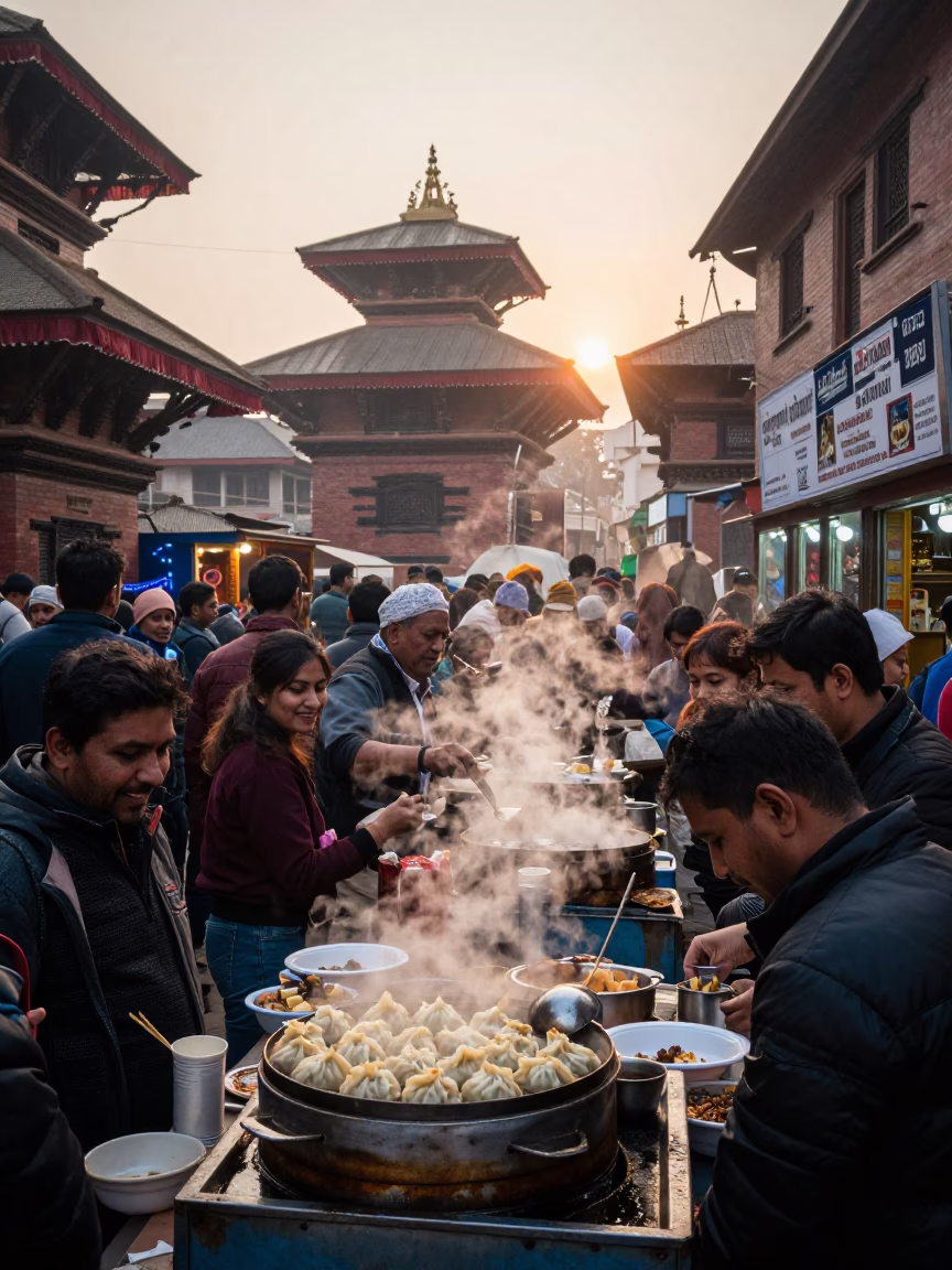 Steaming Momos in Kathmandu at First Light Of Dawn in in Kathmandu, Nepal