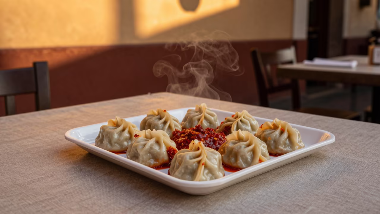Steaming Momos with Spicy Chutney in Amber Light in on a linen-covered restaurant table in San Cristóbal