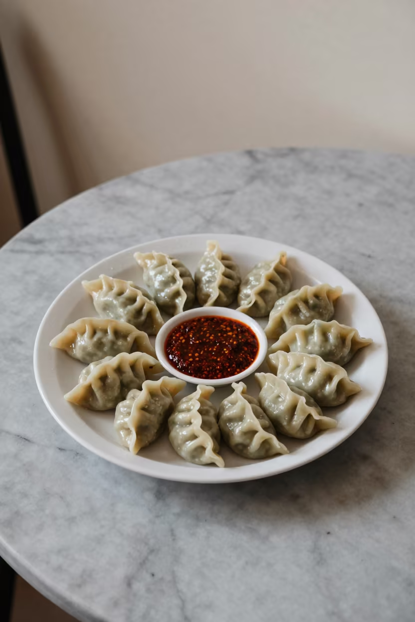 Steaming Momos With Spicy Chutney on Marble Table in on a marble cafe table in Maputo
