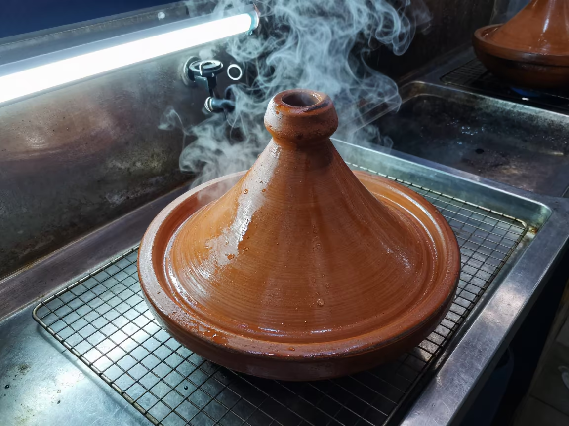 Steaming Moroccan Tagine on Bakery Rack in on a bakery cooling rack in Mumbai