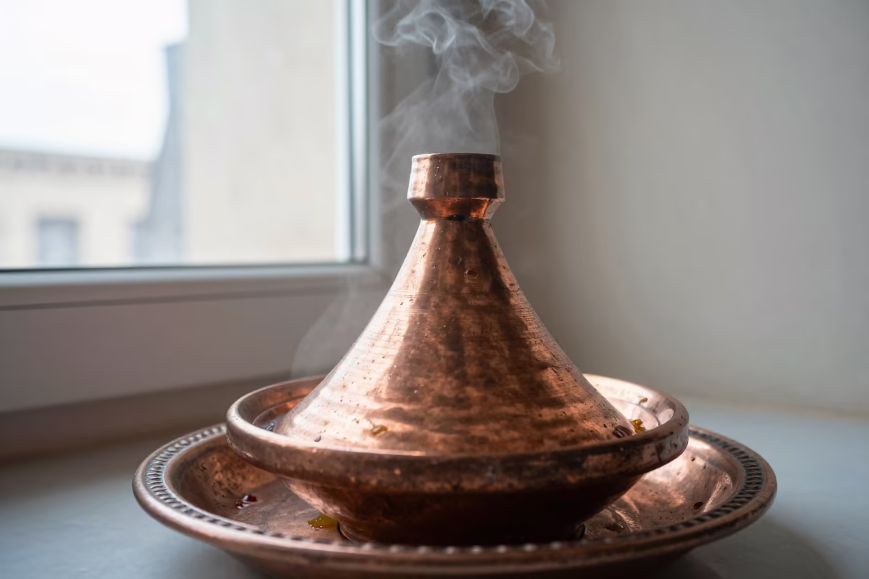 Steaming Moroccan Tagine on Ceramic Plate in on a ceramic plate by a window in Baghdad