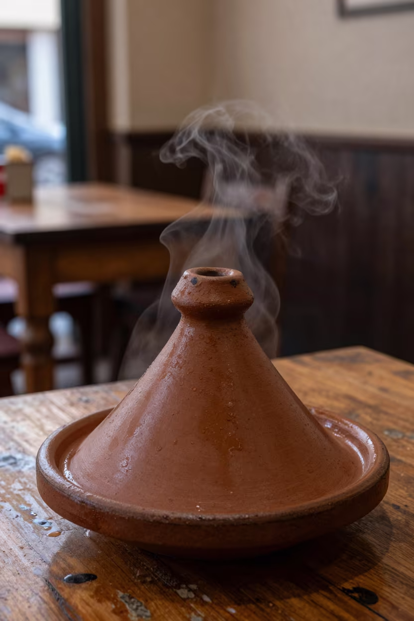 Steaming Moroccan Tagine on Diner Table Before Dawn in at a roadside diner table in Mit Ghamr