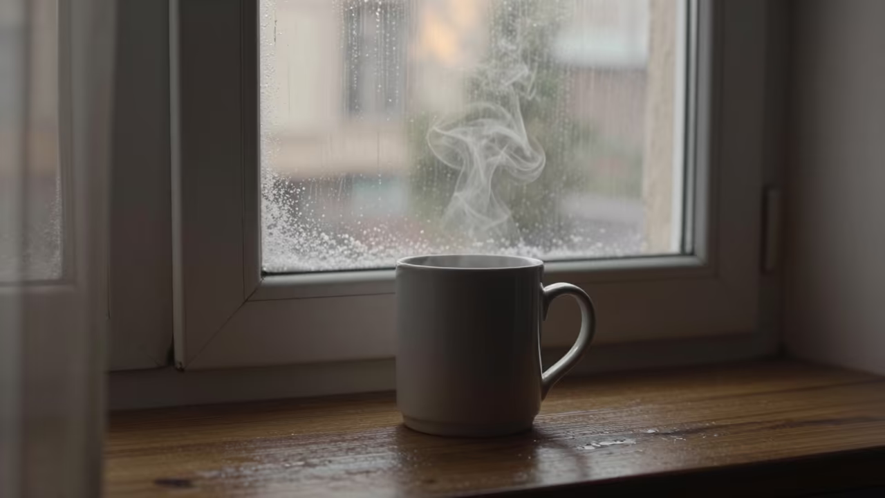 Steaming Mug on Windowsill in Mashhad in beside a rain-streaked window in Mashhad