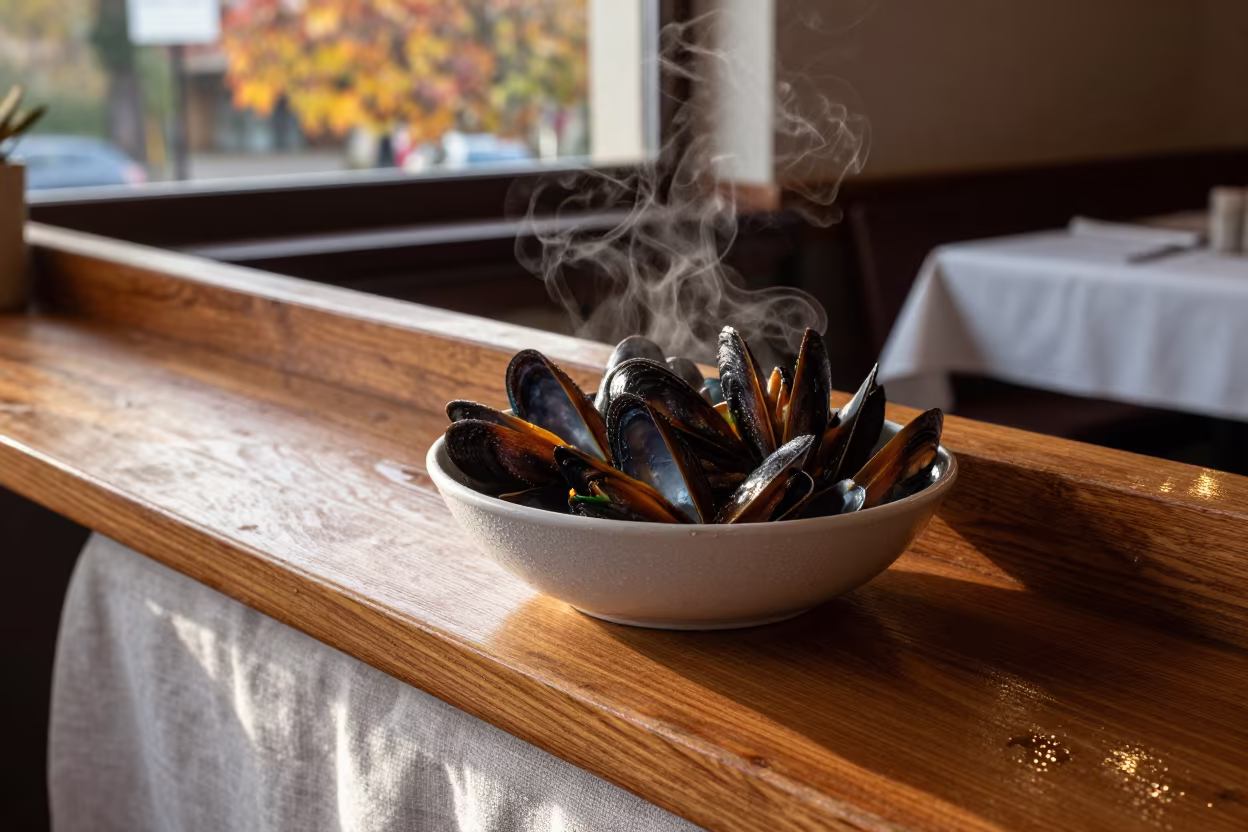 Steaming Mussels in Late Autumn Bellavista in on a linen-covered restaurant table in Bellavista, Santiago