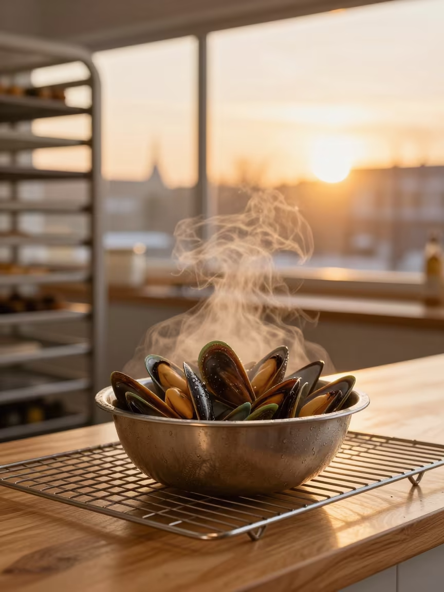 Steaming Mussels on Wooden Counter in Harbin in on a bakery cooling rack in Harbin