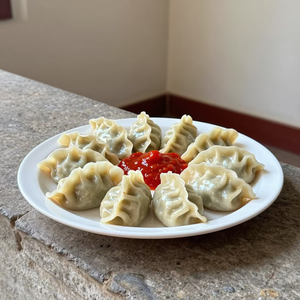 Steaming Nepali Momo Dumplings with Tomato Chutney in on a stone ledge near Ruin Bar District, Budapest