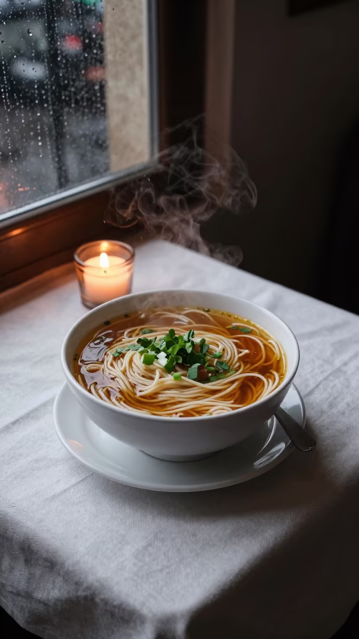 Steaming Noodle Bowl Candlelight Settat Midnight in at a noodle counter in Settat
