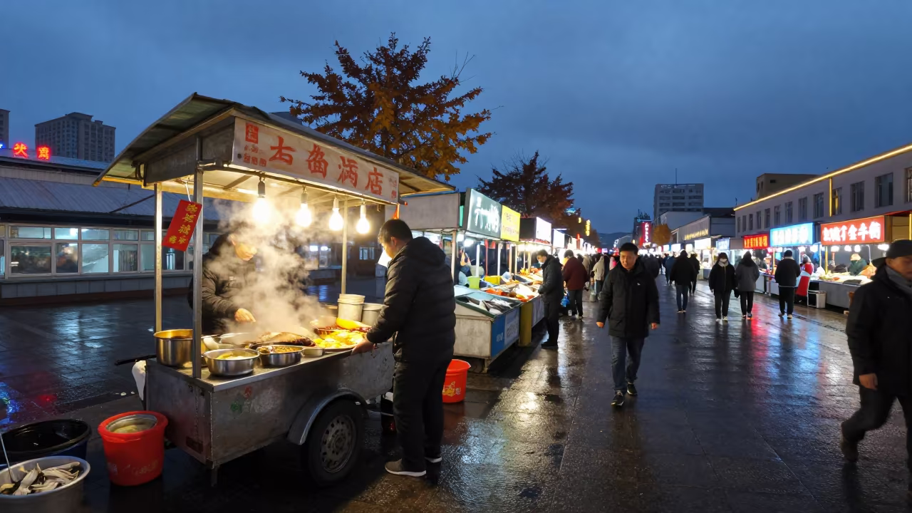 Steaming Noodle Cart Night Market Changchun in beside a fish counter in Changchun