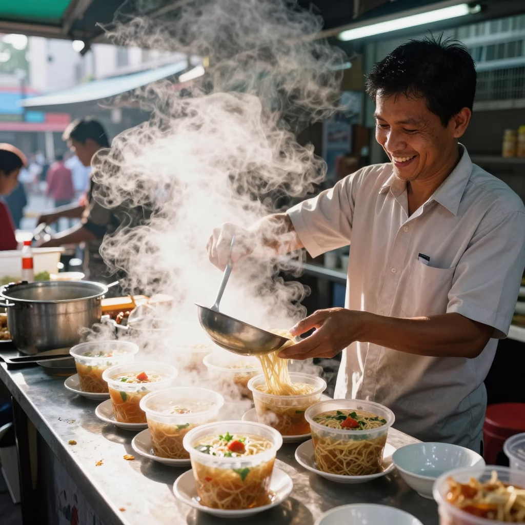 Steaming Noodles in Kuala Lumpur at Noon Light in in Kuala Lumpur, Malaysia