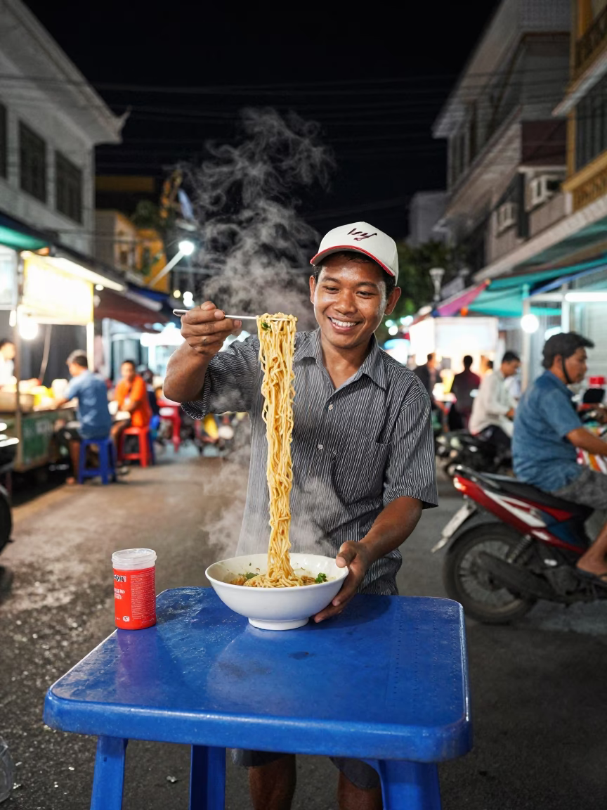 Steaming Noodles in Phnom Penh at As City Lights Begin To Glow in in Phnom Penh, Cambodia