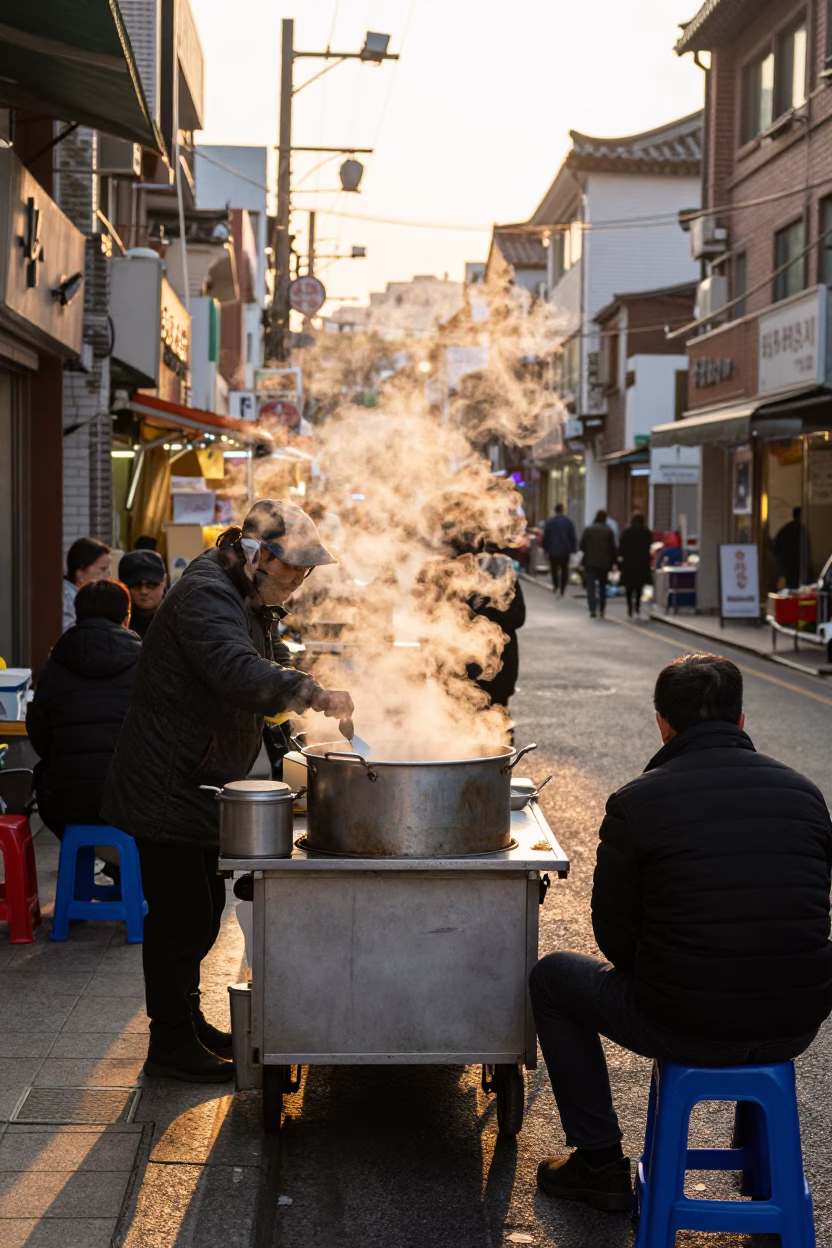 Steaming Noodles in Seoul at Golden Hour in in Seoul, South Korea