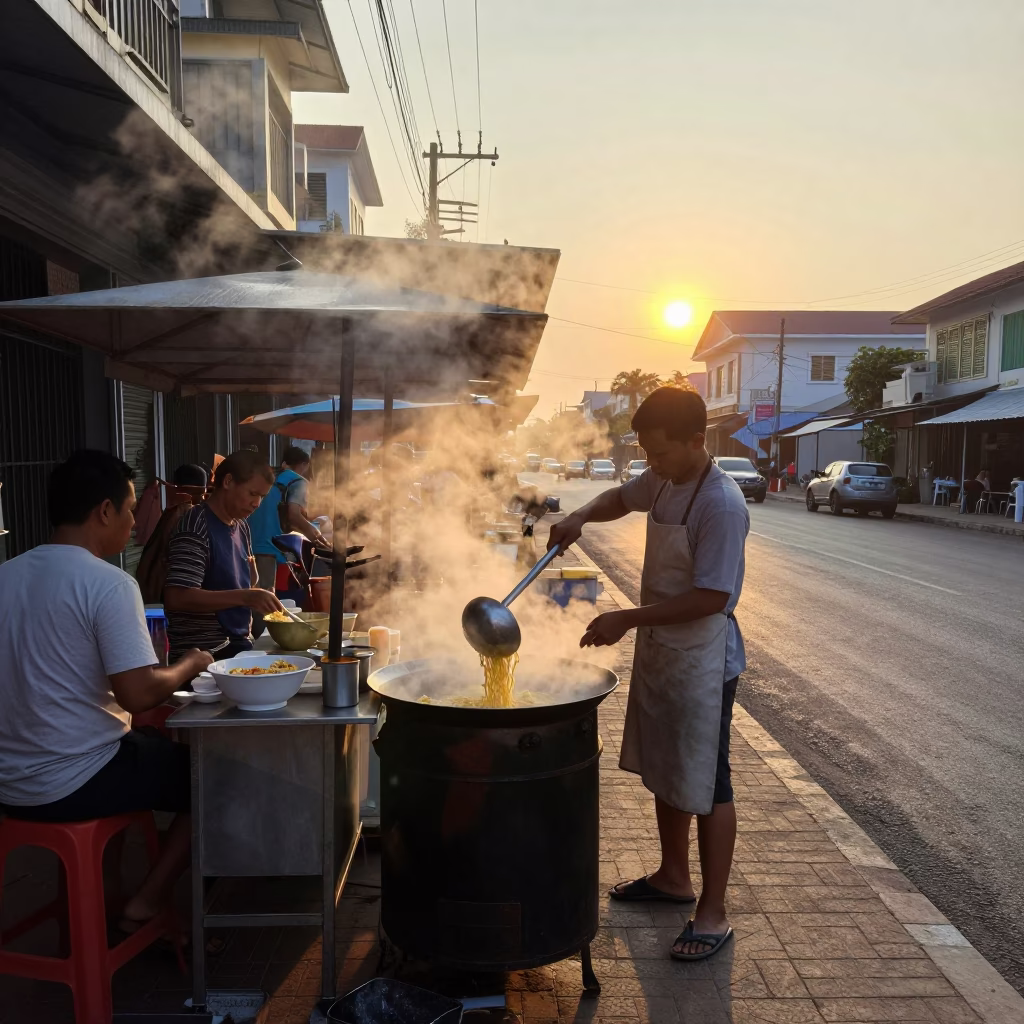 Steaming Noodles just after sunrise in Phnom Penh in in Phnom Penh, Cambodia