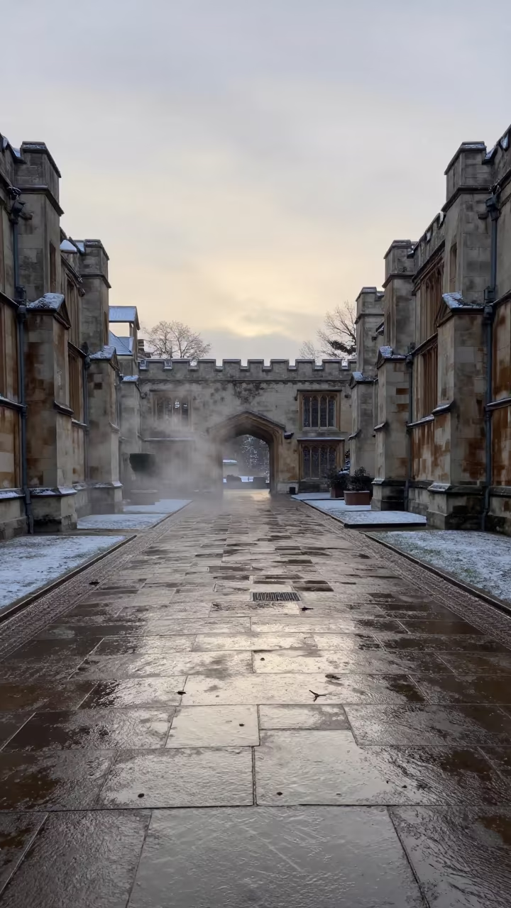 Steaming Path Under Winter Cloister Dawn in beneath a university cloister in Rudny