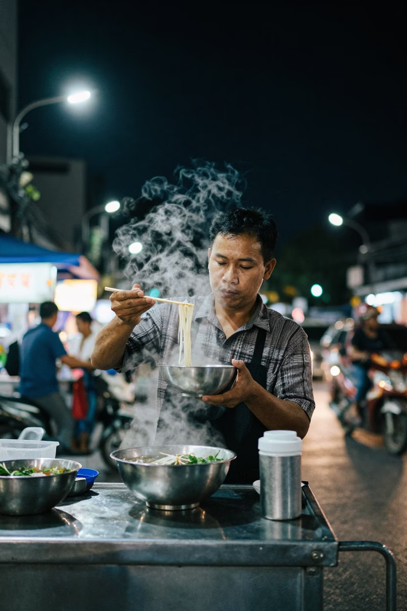 Steaming Pho at The Deepest Night Sky Light in Bangkok in in Bangkok, Thailand