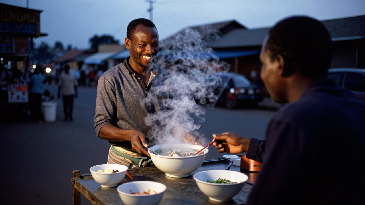 Steaming Pho in Nairobi at Blue Hour in in Nairobi, Kenya