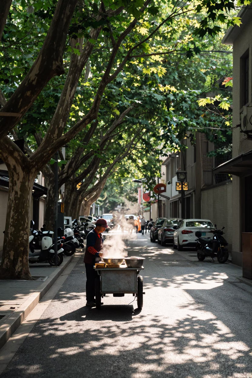 Steaming Pho in Shanghai at As First Light Reaches The Scene in in Shanghai, China