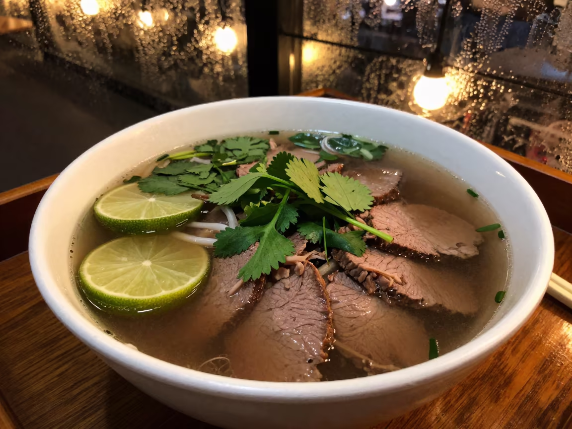 Steaming Pho Tai Bowl with Herbs and Lime on Tray in on a lacquered tray in Playa del Carmen