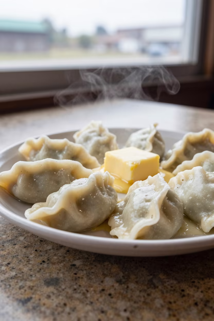 Steaming Pierogi Ruskie on Diner Table in at a roadside diner table in Taichung