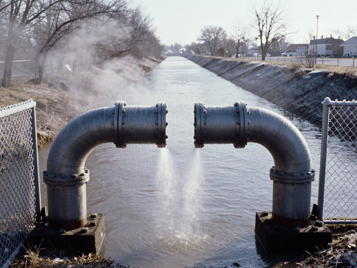 Steaming Pipe Elbow Behind Frost Fence on Levee in along a levee path above floodwater in Milton Keynes