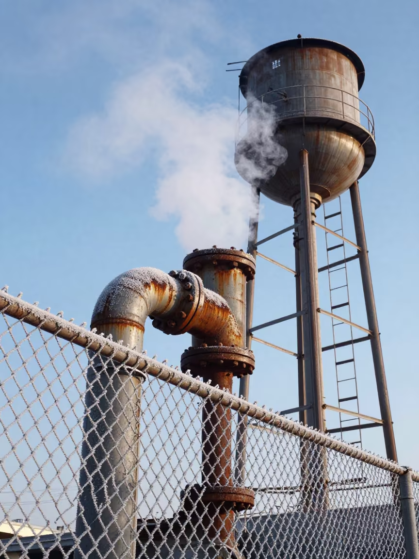 Steaming Pipe Elbow Frost Fence Patiala in beside a water tower ladder near Patiala
