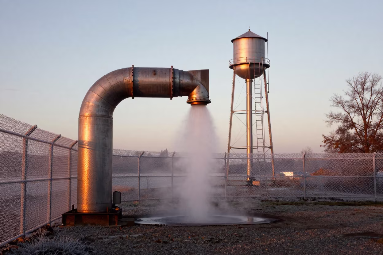 Steaming Pipe Elbow Behind Frost Fence in beside a water tower ladder in Saxony
