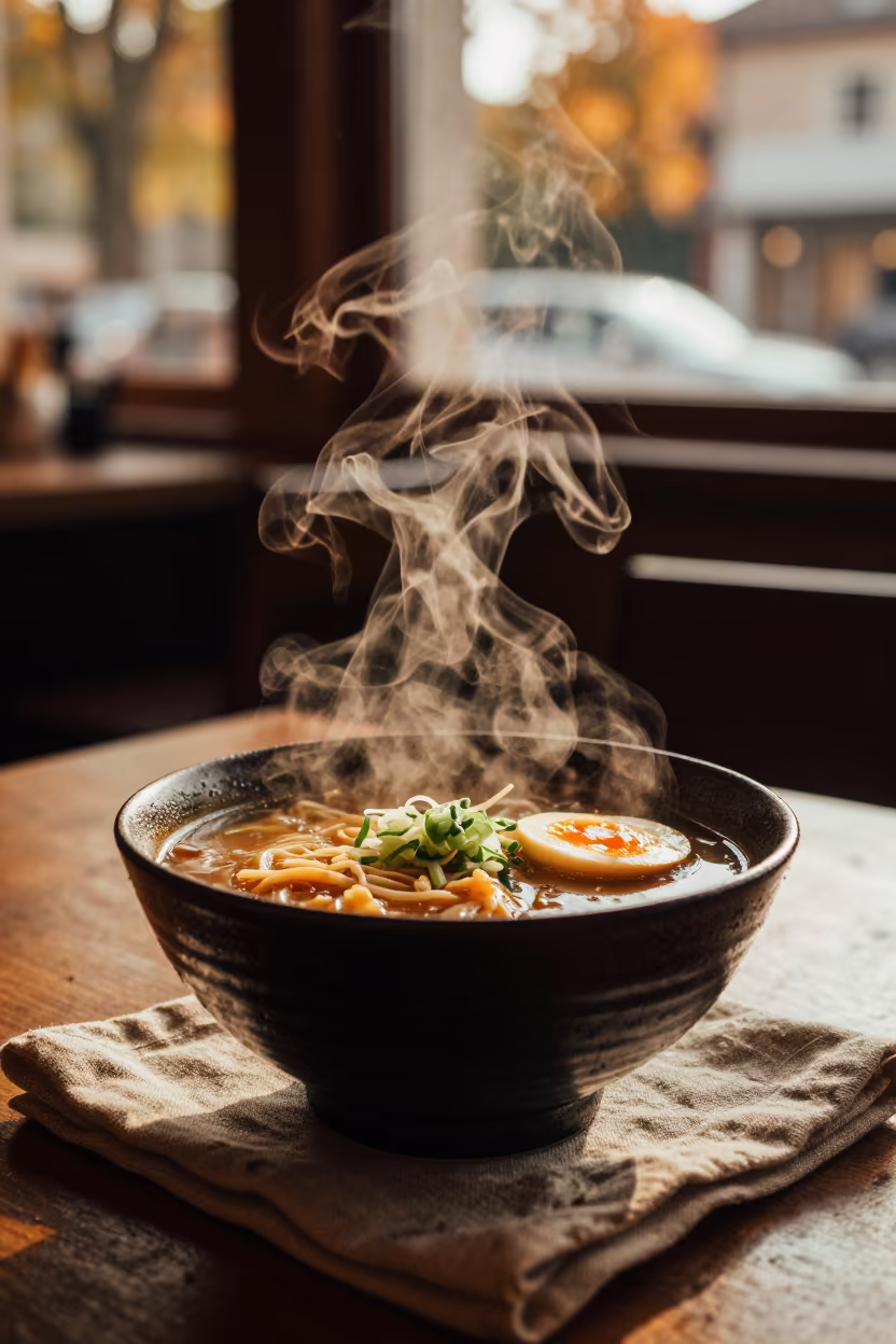 Steaming Ramen Bowl in Autumn Evening Light in on a restaurant table in Podgorica