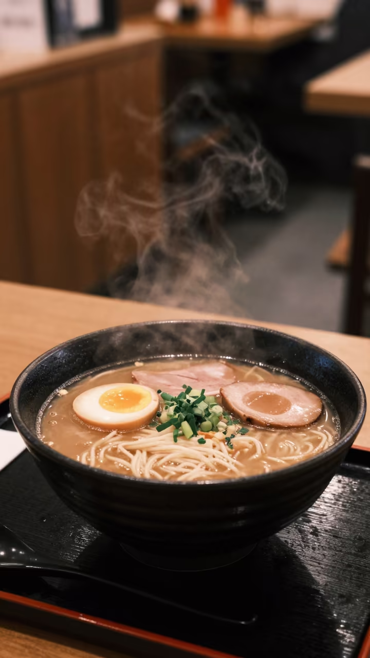 Steaming Ramen Bowl on Lacquered Tray in on a lacquered tray in London