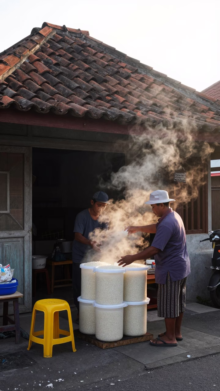 Steaming Rice just after sunrise in Denpasar in in Denpasar, Indonesia