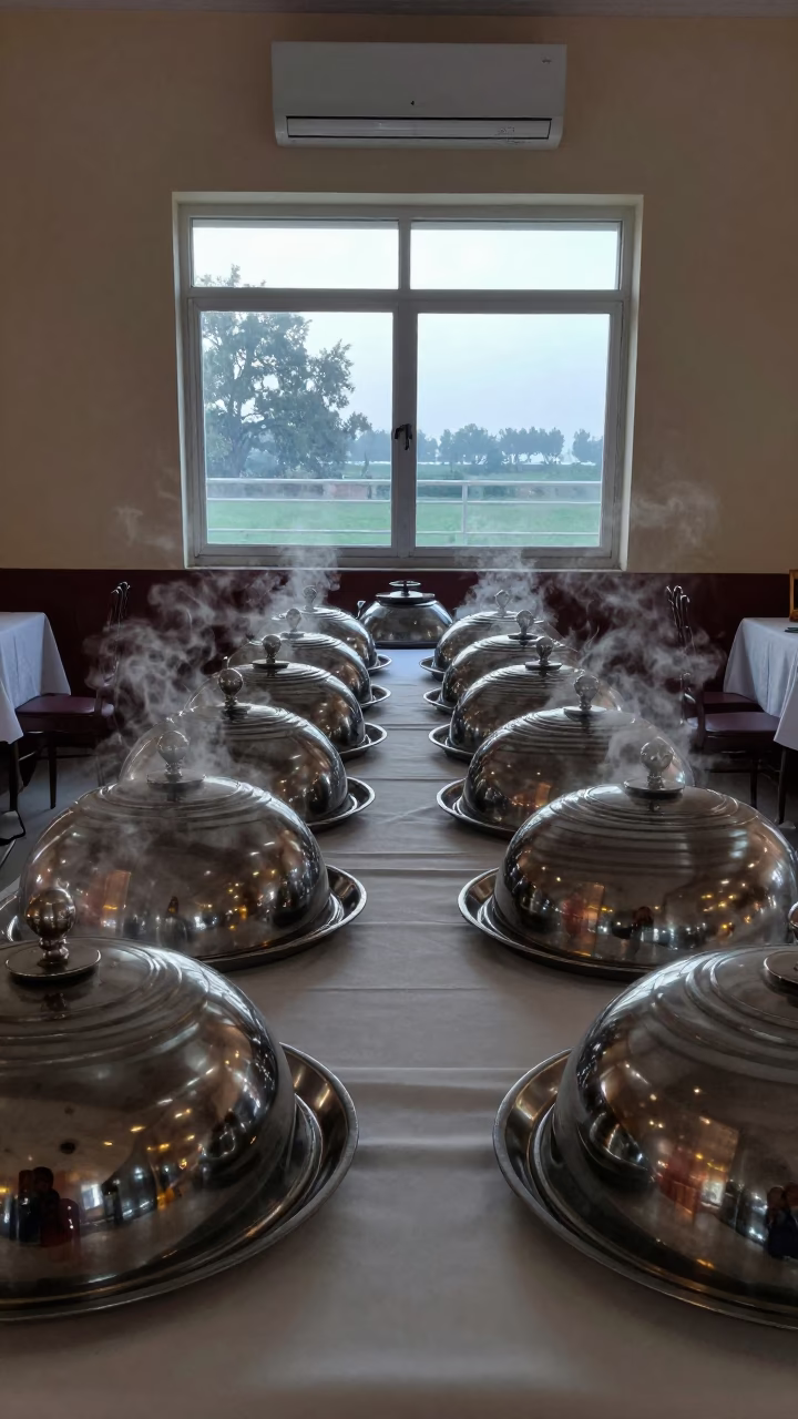 Steaming Service Domes on Hall Staging Shelf in inside a banquet hall before service near Rohtak