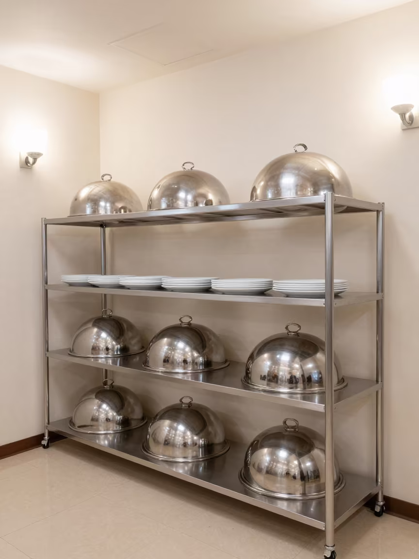 Steaming Silver Domes on Hospitality Staging Shelf in inside a banquet hall before service near Chiba