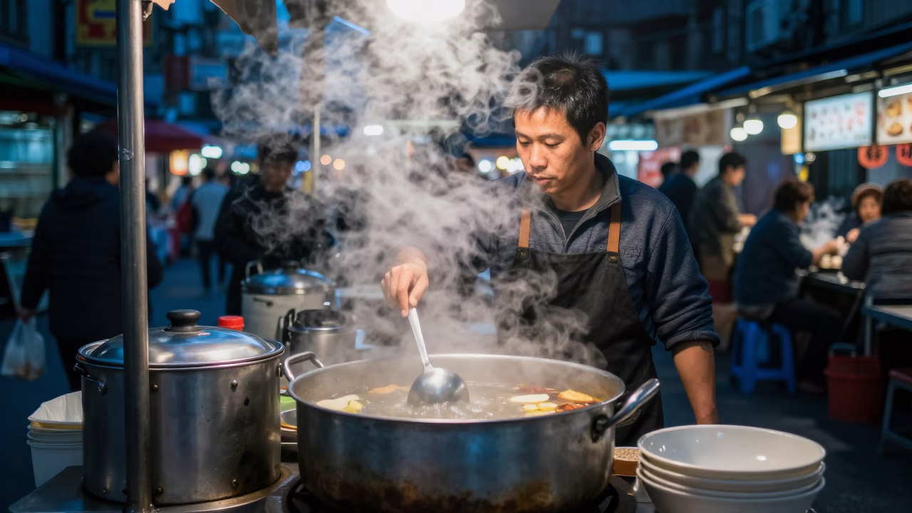 Steaming Soup in Taipei at The Last Blue Light Of Evening in in Taipei, Taiwan