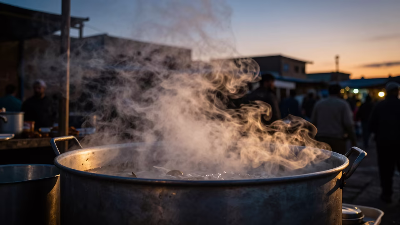 Steaming Soup Pot at Twilight Fish Market in at a fish market counter near Mit Ghamr
