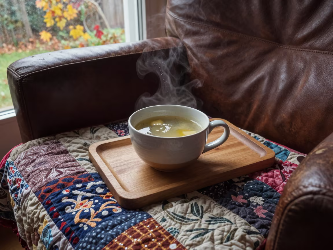 Steaming Soup on Quilt in Autumn Armchair in on a worn leather armchair in Angers