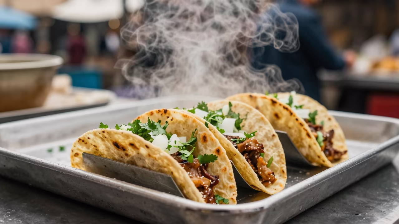 Steaming Street Tacos at Sana'a Fish Market in at a fish market counter near Sana'a
