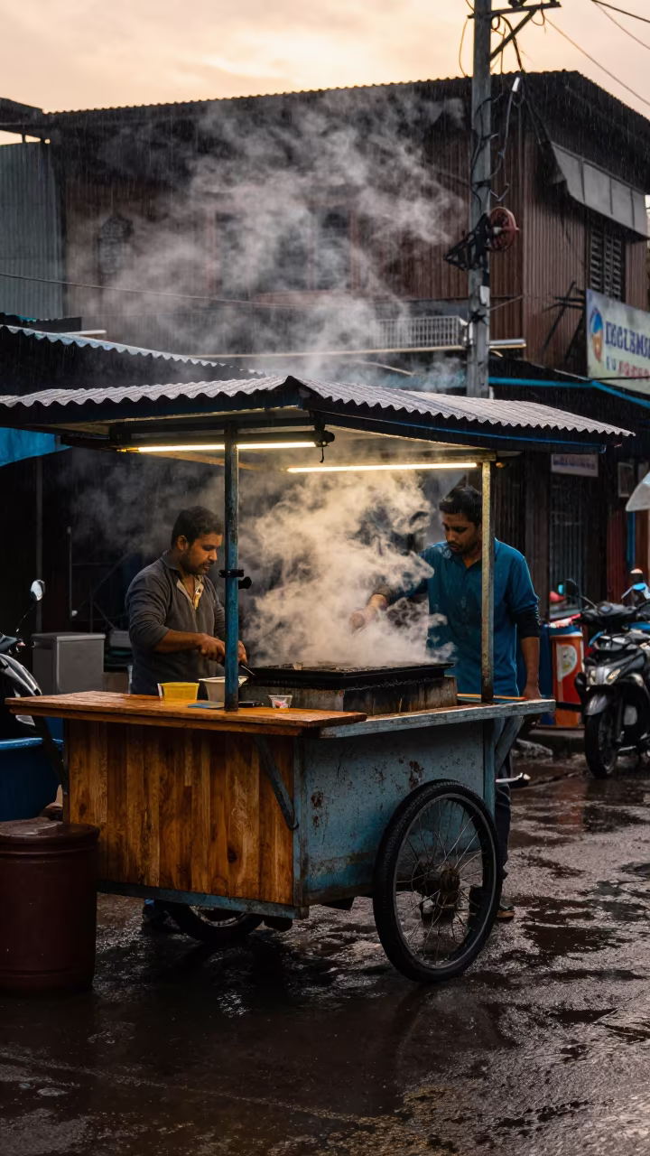 Steaming Taco Cart in Mumbai Rain in by a rain-darkened kiosk in Chor Bazaar, Mumbai