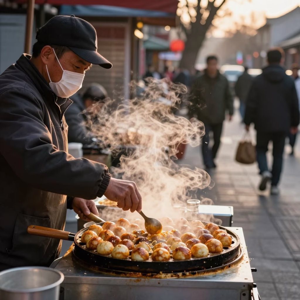 Steaming Takoyaki in Beijing at Golden Hour in in Beijing, China