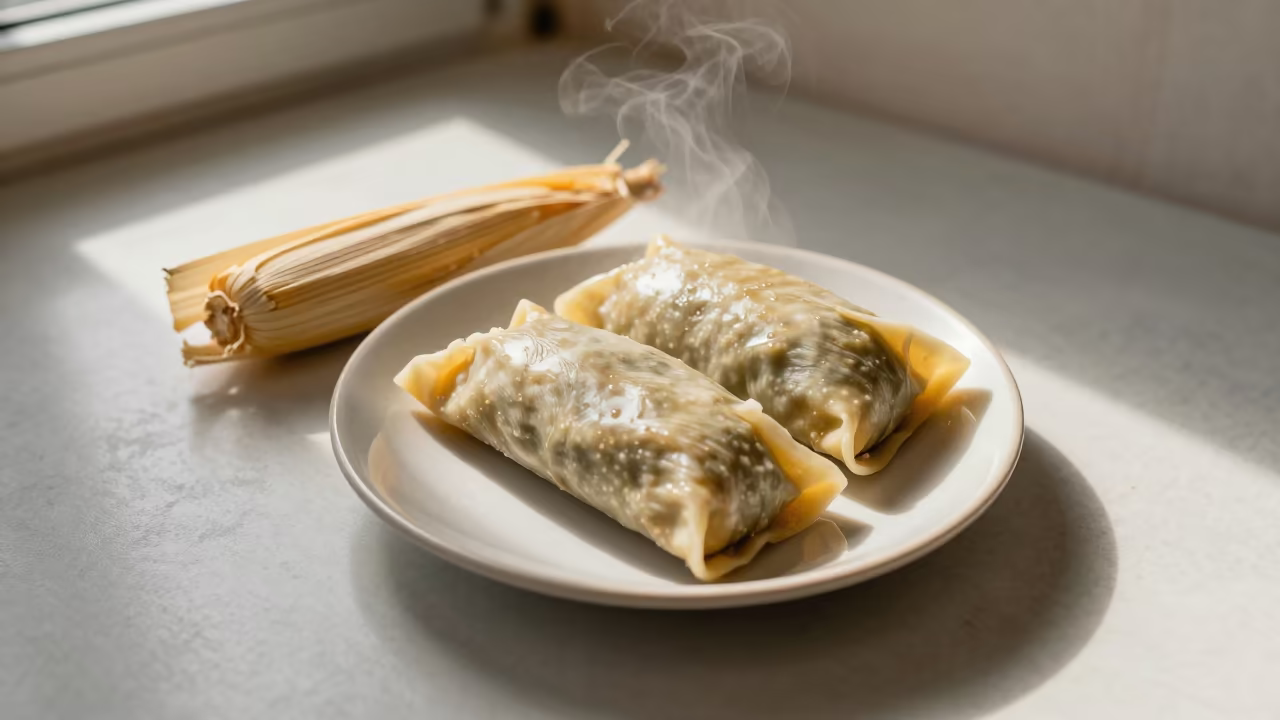 Steaming Tamales Unwrapped on Ceramic Plate in on a ceramic plate by a window in Yozgat