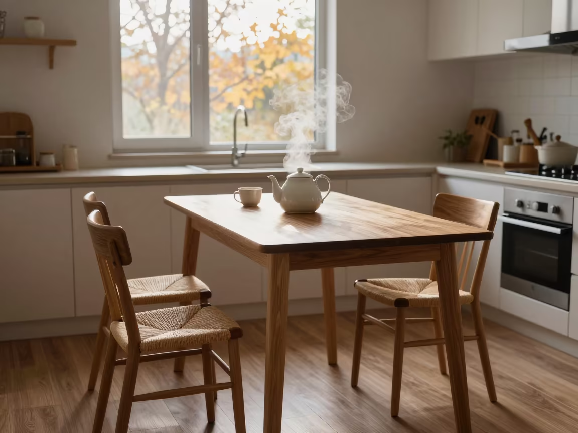Steaming Teapot on Dawn Kitchen Table Kunming in in a breakfast nook in Kunming