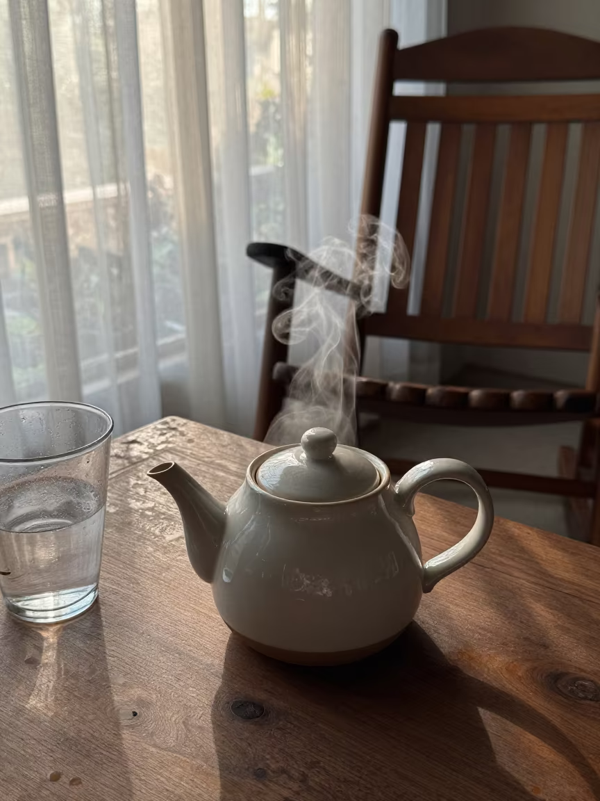 Steaming Teapot on Dawn Porch Table in on a porch with a rocking chair in Noida