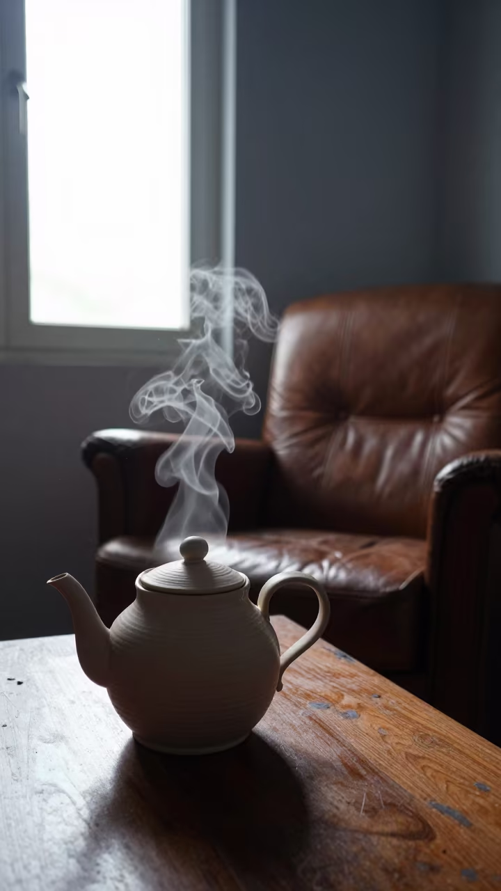 Steaming Teapot on Worn Leather at Dawn in on a worn leather armchair in Ichalkaranji