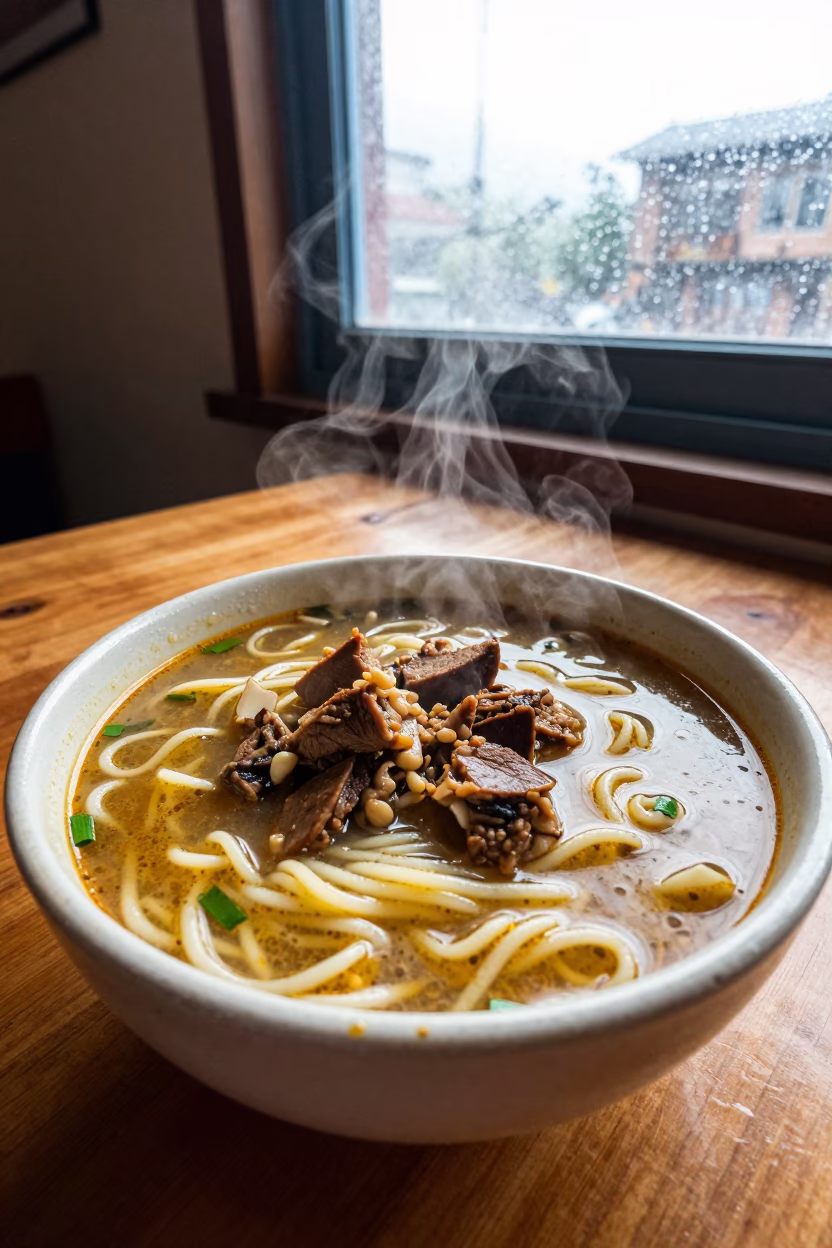 Steaming Thukpa with Yak Meat in Jabalpur Diner in at a roadside diner table in Jabalpur